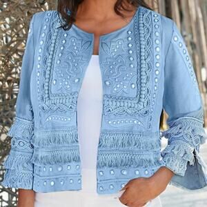 Boston Proper Blue Mirror Embellished Fringe Linen Blend Jacket XXS